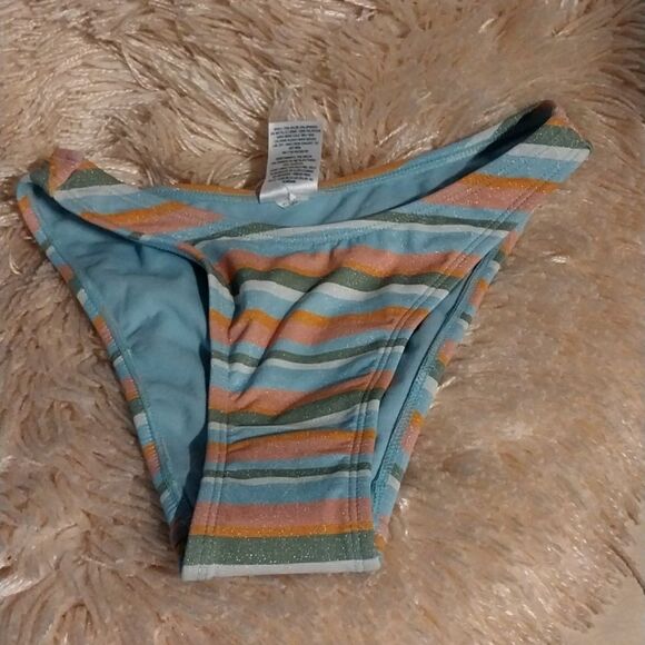 NWT Wild Women's High Leg Cheeky Bikini Bottom - Multi Lurex  Striped Size XXS - Picture 1 of 12